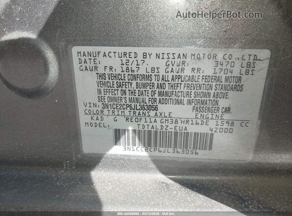 3N1CE2CP6JL363056 2018 NISSAN VERSA NOTE Gray ძრავის განყოფილების ხედი