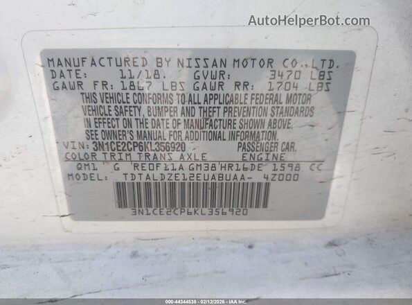 3N1CE2CP6KL356920 2019 NISSAN VERSA NOTE White Vista del compartimento del motor