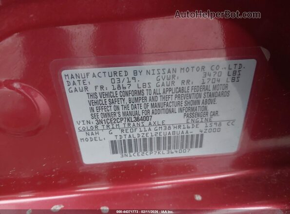 3N1CE2CP7KL364007 2019 NISSAN VERSA NOTE Red Widok komory silnika