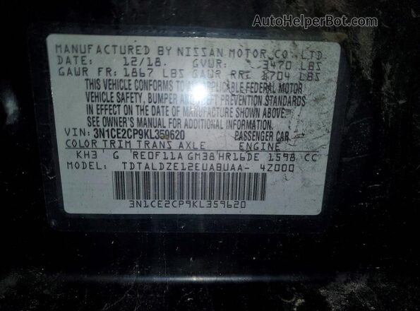 3N1CE2CP9KL359620 2019 NISSAN VERSA Черный Вид подкапотного пространства