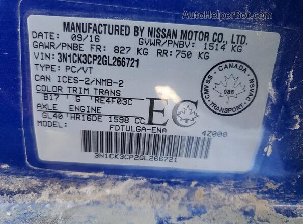 3N1CK3CP2GL266721 2016 NISSAN MICRA Blue 