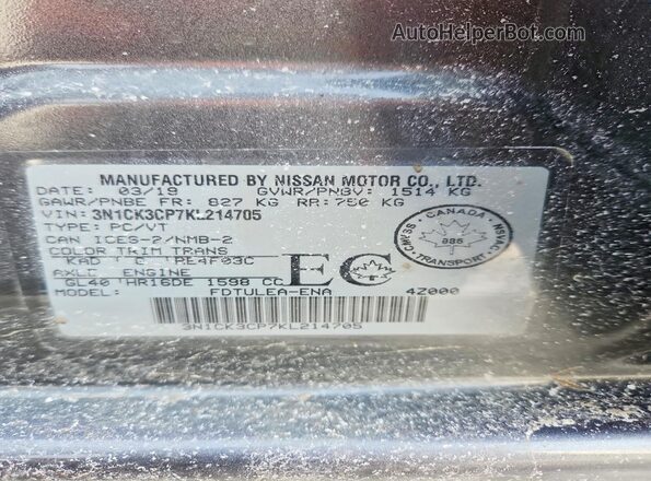 3N1CK3CP7KL214705 2019 NISSAN MICRA Gray Widok naklejki z numerem VIN