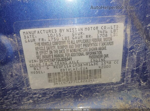 3N1CN7AP7GL828341 2016 NISSAN VERSA Blue Вид підкапотного простору