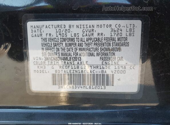 3N1CN8DV4ML812013 2021 NISSAN VERSA Black VIN sticker view
