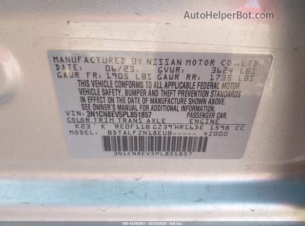 3N1CN8EV5PL851857 2023 NISSAN VERSA Silver 