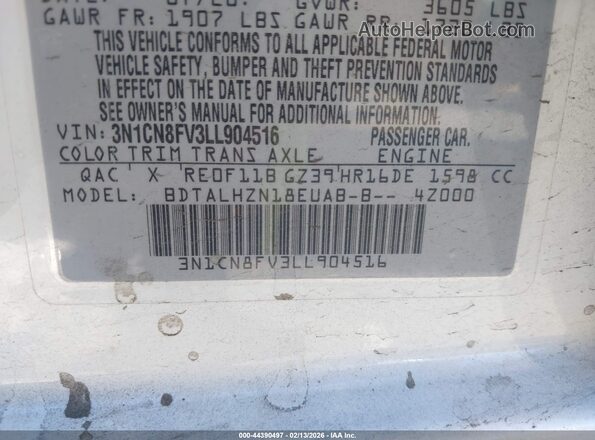 3N1CN8FV3LL904516 2020 NISSAN VERSA White Engine compartment view