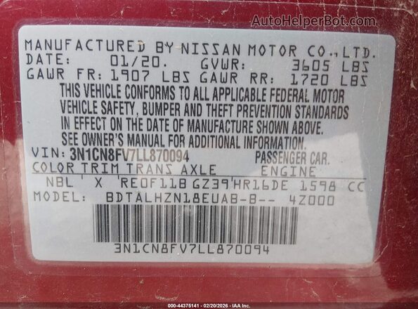 3N1CN8FV7LL870094 2020 NISSAN VERSA Red Widok komory silnika