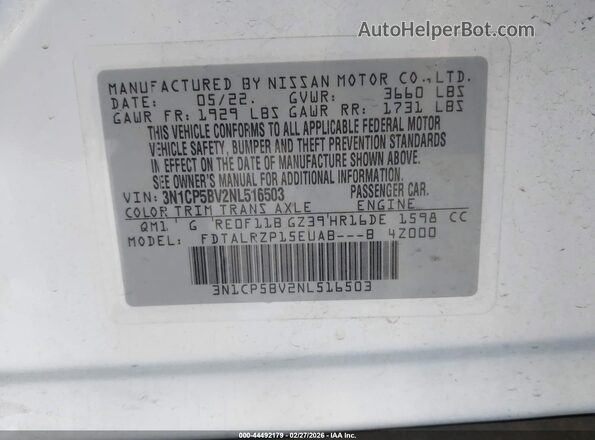 3N1CP5BV2NL516503 2022 NISSAN KICKS Белый 