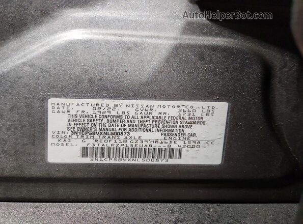 3N1CP5BVXNL500873 2022 NISSAN KICKS Gray Widok naklejki z numerem VIN