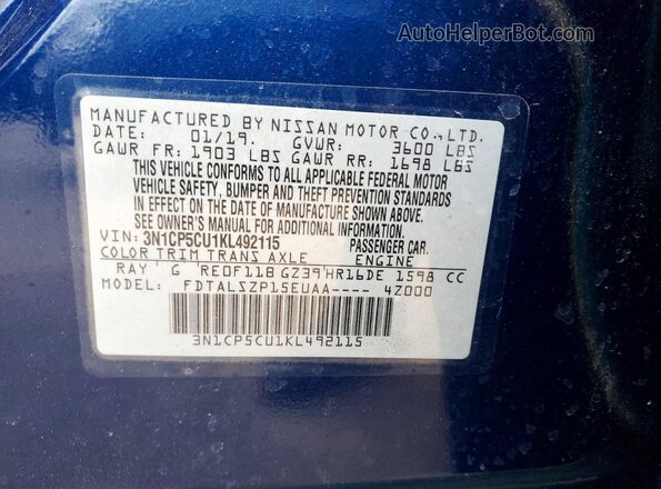 3N1CP5CU1KL492115 2019 NISSAN KICKS Blue 