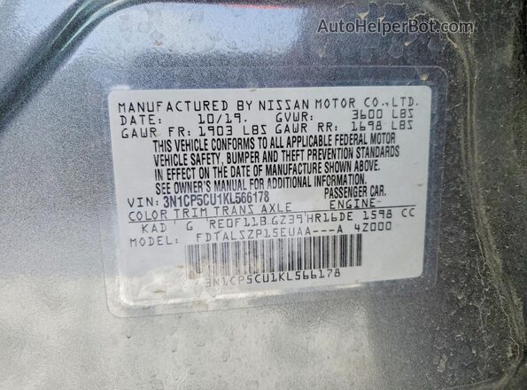 3N1CP5CU1KL566178 2019 NISSAN KICKS Gray 