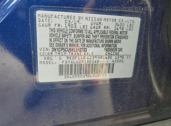 3N1CP5CU9KL510733 2019 NISSAN KICKS Blue 