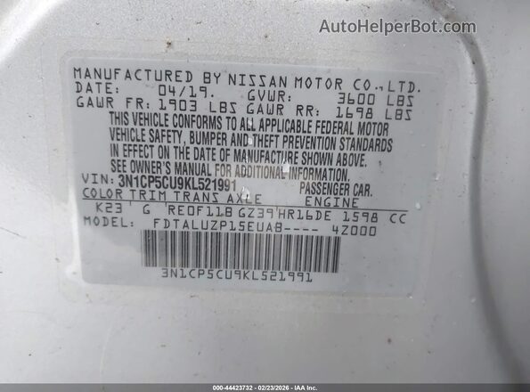 3N1CP5CU9KL521991 2019 NISSAN KICKS Silver Engine compartment view