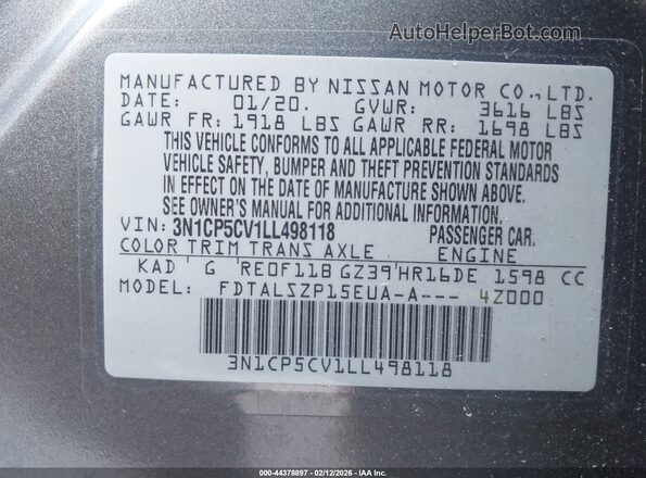 3N1CP5CV1LL498118 2020 NISSAN KICKS Gray 