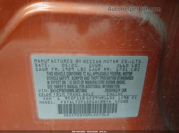 3N1CP5DV0ML507360 2021 NISSAN KICKS Orange Շարժիչի բաժամունքի տեսք