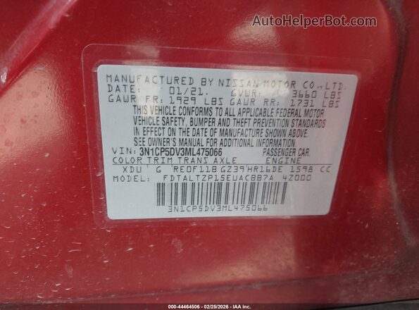 3N1CP5DV3ML475066 2021 NISSAN KICKS Burgundy ძრავის განყოფილების ხედი
