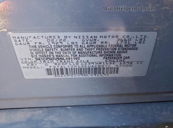 3N1CP5DV9NL491192 2022 NISSAN KICKS Gray Vista de la etiqueta del VIN