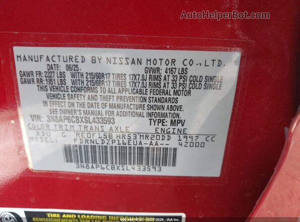 3N8AP6CBXSL433593 2025 NISSAN KICKS Maroon VIN sticker view