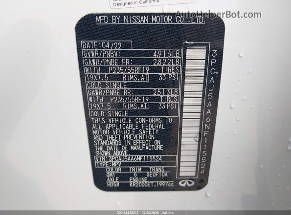 3PCAJ5AA6NF115524 2022 INFINITI QX50 White Engine compartment view