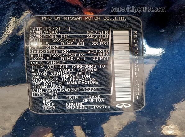 3PCAJ5AB2NF110331 2022 INFINITI QX50 Синий Вид наклейки с VIN-кодом