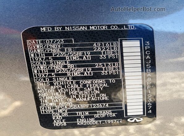 3PCAJ5BA8PF123674 2023 INFINITI QX50 Gray Вид наклейки з VIN-кодом