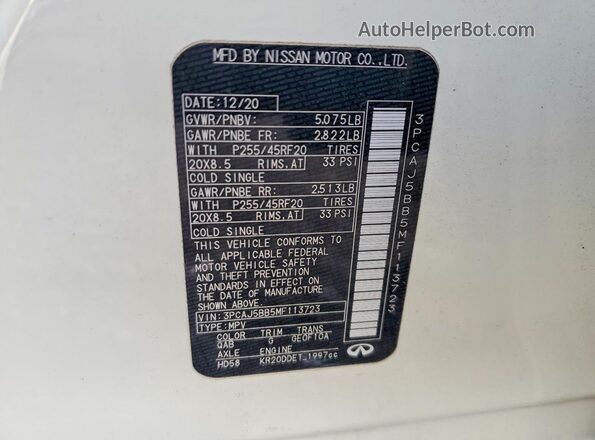 3PCAJ5BB5MF113723 2021 INFINITI QX50 Белый Вид наклейки с VIN-кодом