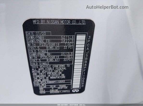 3PCAJ5BB8PF110593 2023 INFINITI QX50 White Vista del compartimento del motor