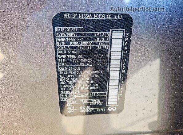 3PCAJ5CA7MF117410 2021 INFINITI QX50 Gray VIN კოდის სტიკერის ხედი