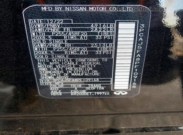 3PCAJ5FA8PF109168 2023 INFINITI QX50 Black VIN կոդի պիտակի տեսք