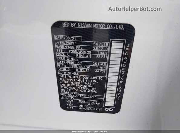3PCAJ5K37NF104077 2022 INFINITI QX55 White Vista del compartimento del motor