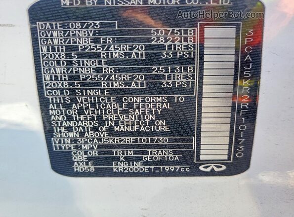 3PCAJ5KR2RF101730 2024 INFINITI QX55 White VIN sticker view