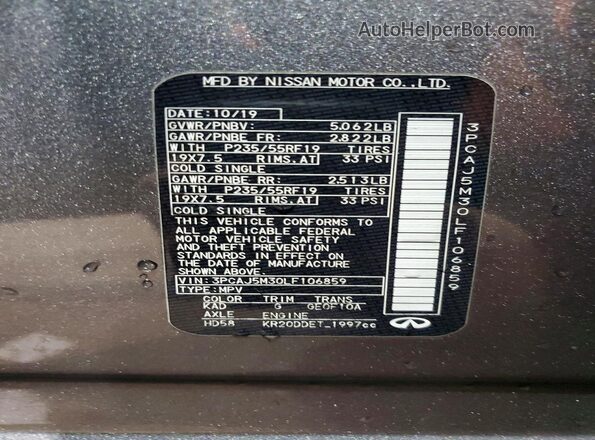 3PCAJ5M30LF106859 2020 INFINITI QX50 Gray VIN sticker view