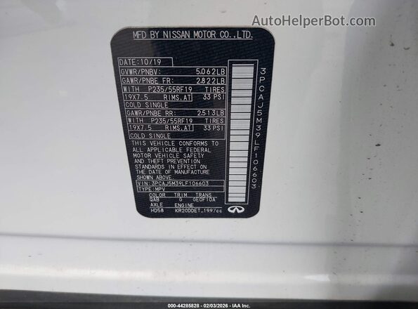3PCAJ5M39LF106603 2020 INFINITI QX50 White ძრავის განყოფილების ხედი