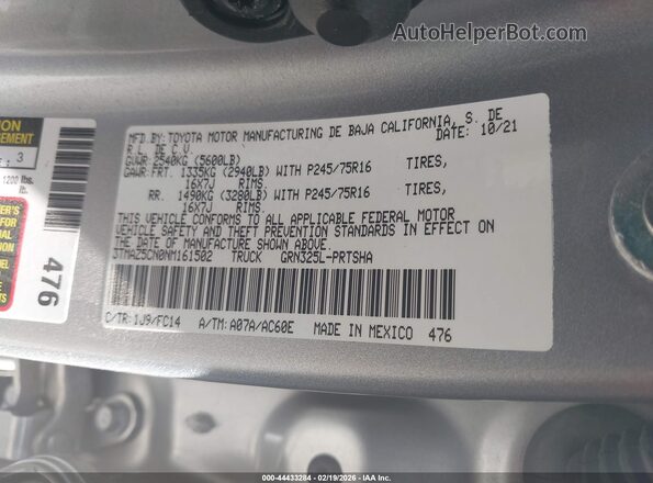 3TMAZ5CN0NM161502 2022 TOYOTA TACOMA Silver Widok komory silnika