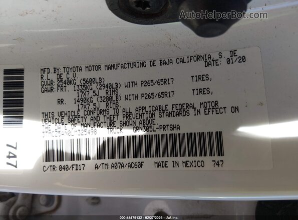 3TMCZ5AN0LM325498 2020 TOYOTA TACOMA White Widok komory silnika