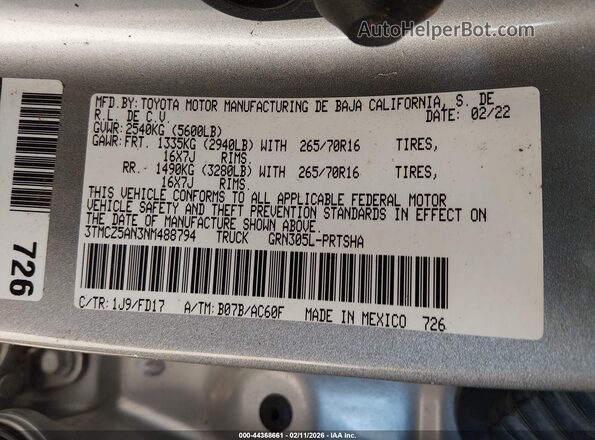 3TMCZ5AN3NM488794 2022 TOYOTA TACOMA Silver Engine compartment view