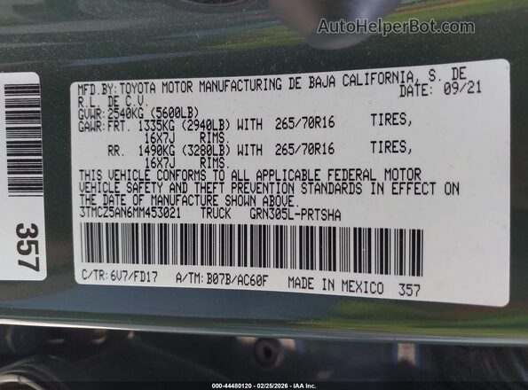 3TMCZ5AN6MM453021 2021 TOYOTA TACOMA Green Vista del compartimento del motor