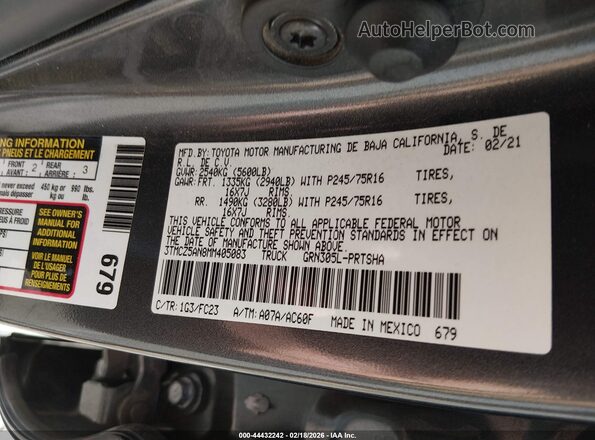 3TMCZ5AN8MM405083 2021 TOYOTA TACOMA Серый 