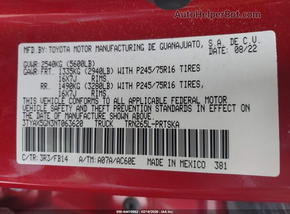 3TYAX5GN3NT063620 2022 TOYOTA TACOMA Red ძრავის განყოფილების ხედი