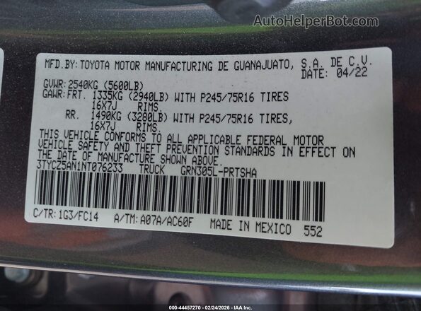 3TYCZ5AN1NT076233 2022 TOYOTA TACOMA Gray Вид підкапотного простору