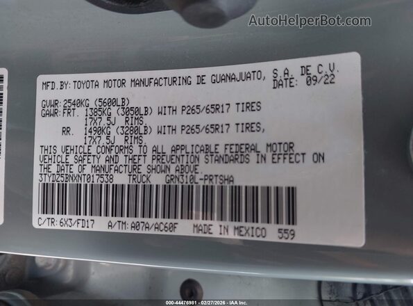 3TYDZ5BNXNT017538 2022 TOYOTA TACOMA Beige Widok komory silnika
