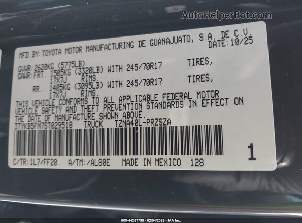 3TYKB5FN7ST029518 2025 TOYOTA TACOMA Gray Vista del compartimento del motor
