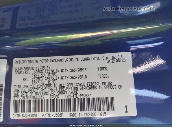 3TYLC5LN4ST033337 2025 TOYOTA TACOMA HYBRID Синий Вид подкапотного пространства