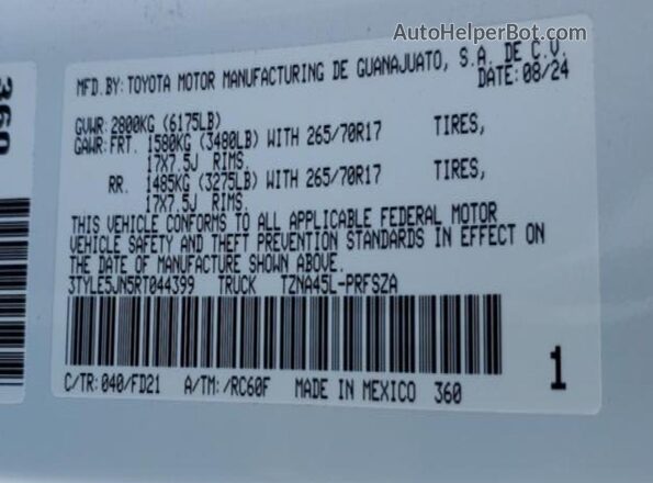 3TYLE5JN5RT044399 2024 TOYOTA LE White Vista de la etiqueta del VIN