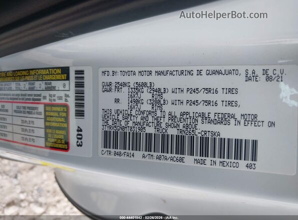 3TYRX5GN0MT031905 2021 TOYOTA TACOMA White 