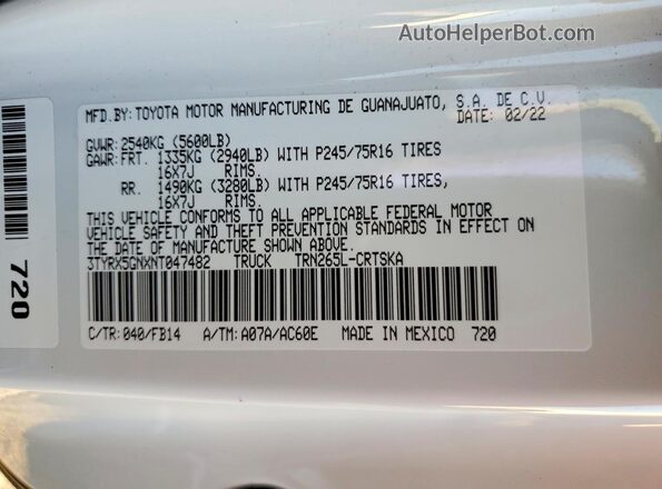3TYRX5GNXNT047482 2022 TOYOTA TACOMA White Շարժիչի բաժամունքի տեսք