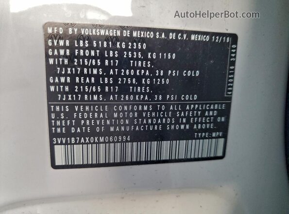 3VV1B7AX0KM060994 2019 VOLKSWAGEN TIGUAN White 