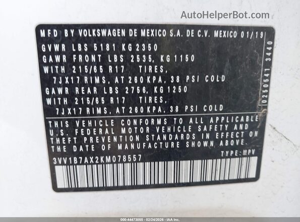 3VV1B7AX2KM078557 2019 VOLKSWAGEN TIGUAN White Շարժիչի բաժամունքի տեսք