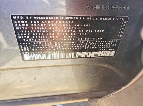 3VV1B7AX2KM087386 2019 VOLKSWAGEN TIGUAN Gray 