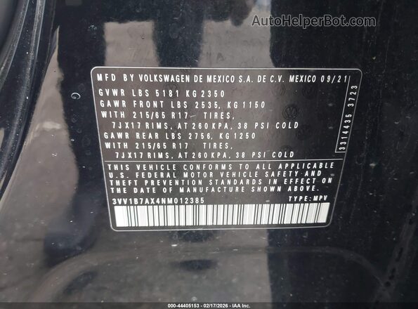 3VV1B7AX4NM012385 2022 VOLKSWAGEN TIGUAN Black Engine compartment view